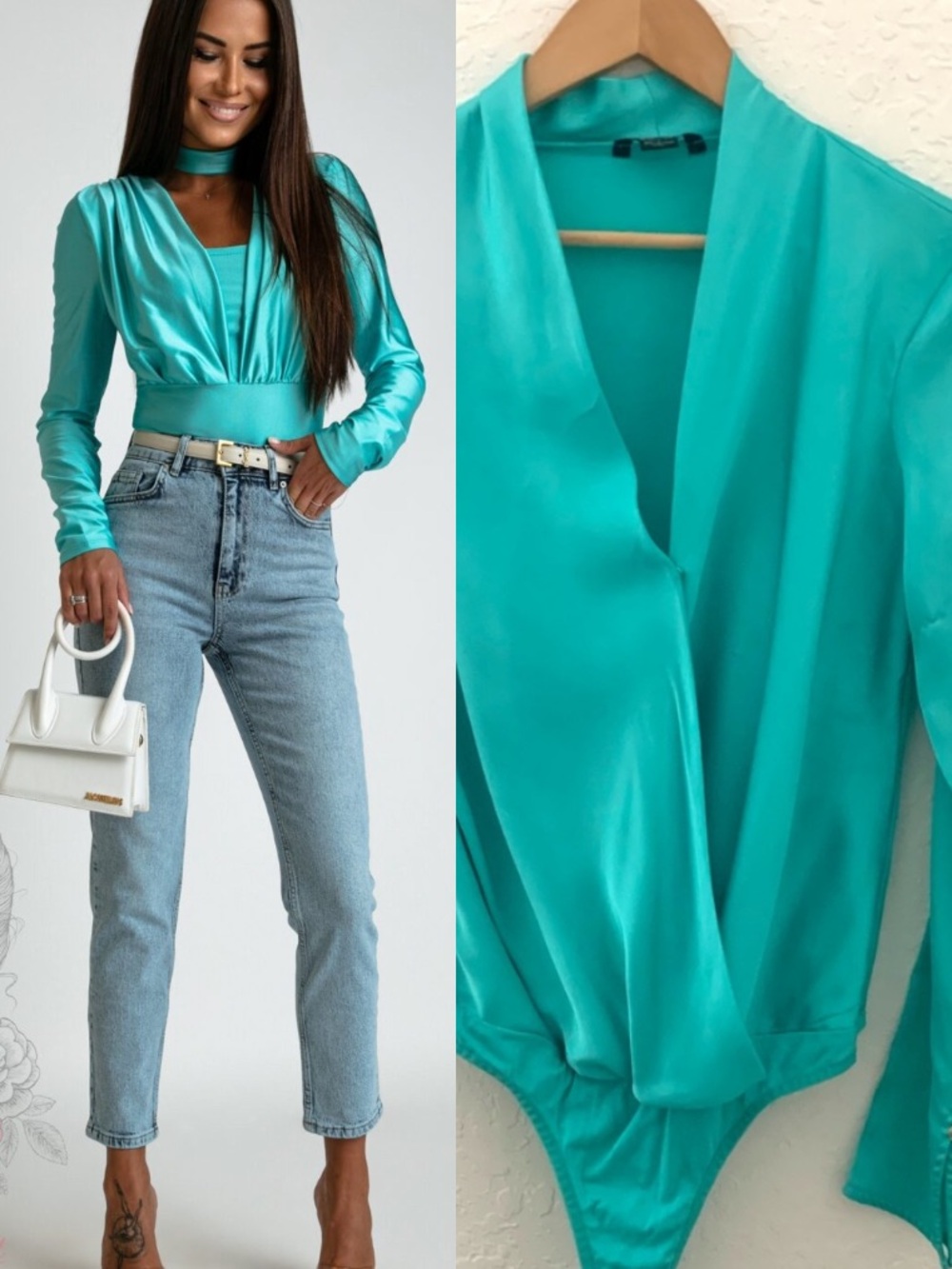 Guess Marciano Silky Teal Green Wrap-Front Blouse Bodysuit